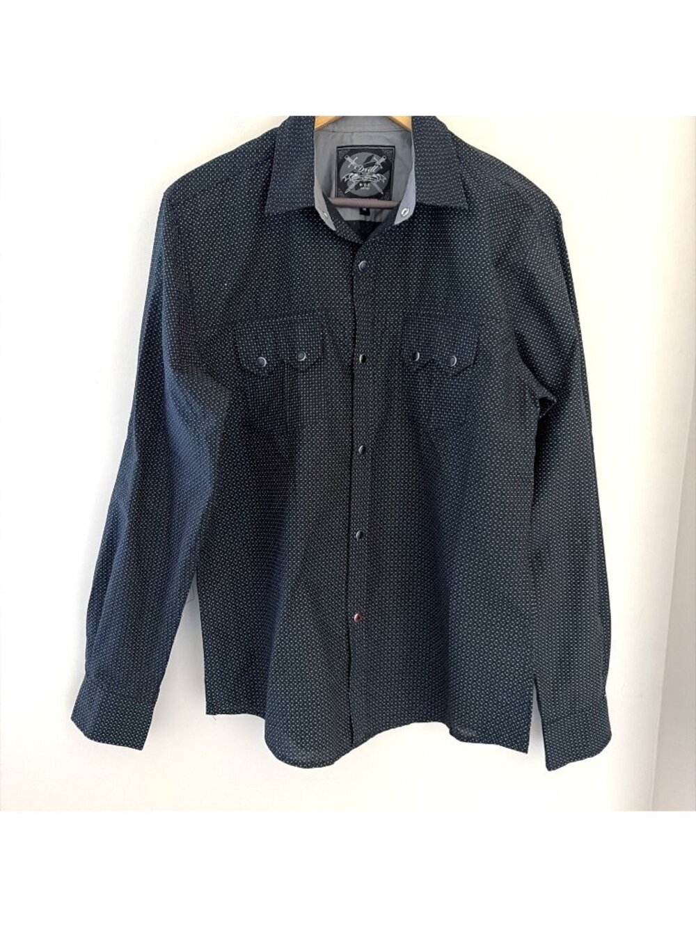 VTG Y2K Drill Snap Front Western Shirt Mens Size M Navy Micro Print Rodeo Cowboy